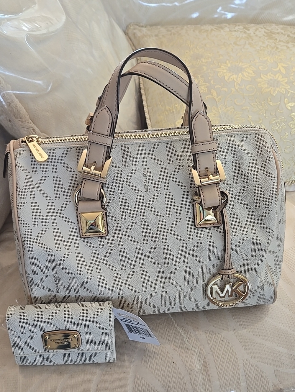 2 Piece Michael Kors Light Beige/White Signature MK Satchel with Gold Hardware